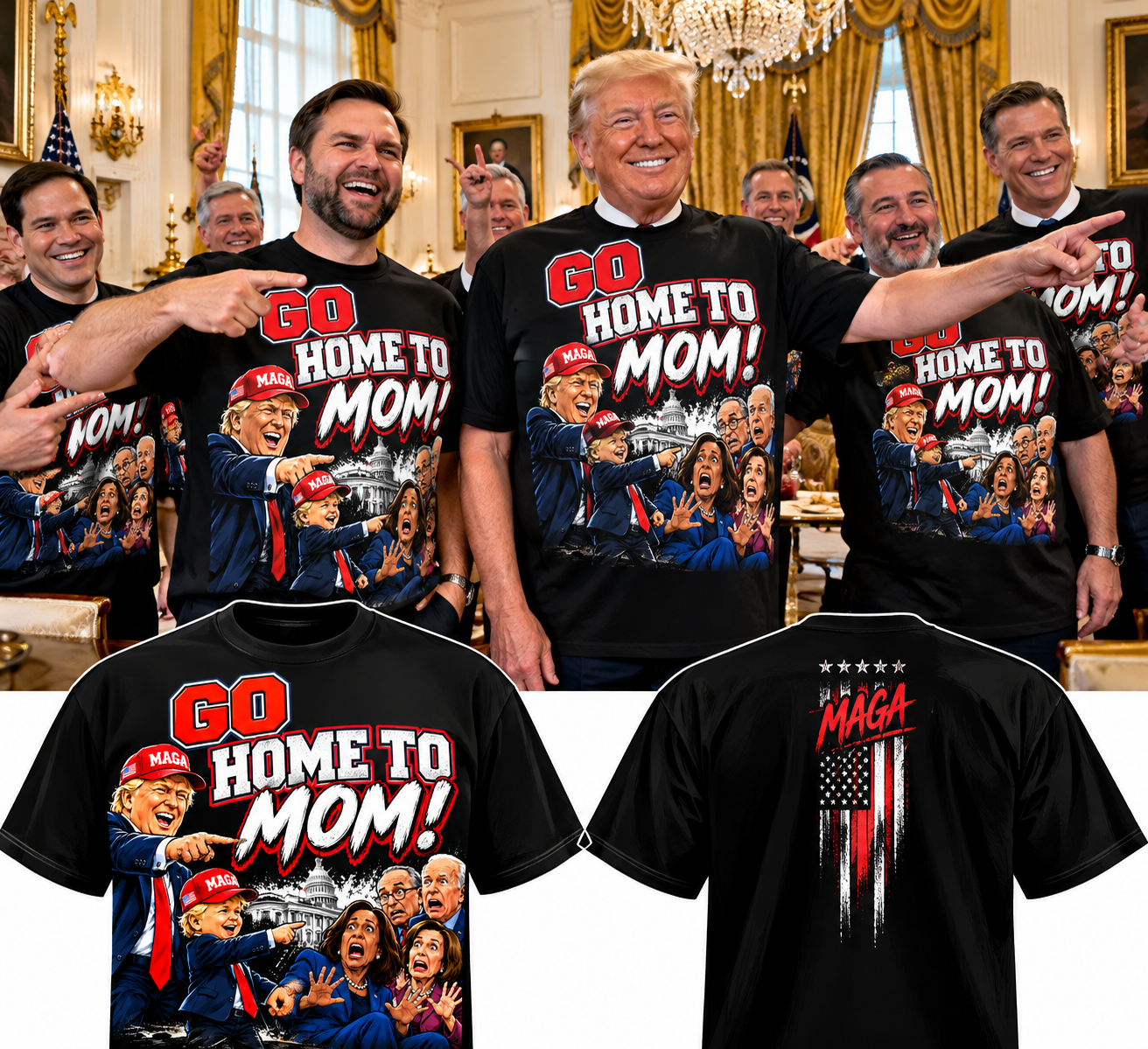 Black “Go Home To Mom!” t-shirt, front and back, with MAGA flag print on the back